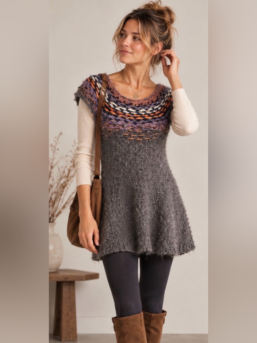 Free People Alpaca Wool Blend Knit Midi Dress Tunic Gray Size M